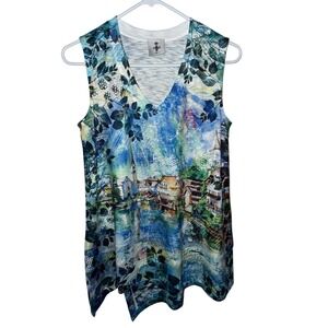 Inoah Tunic‎ Top 3/4 Sleeve Asymmetrical Abstract City Art-to-Wear Size XS